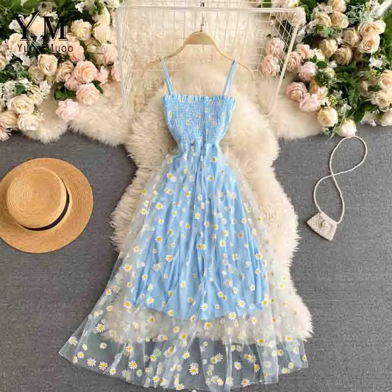 YKorean Fashion Daisy Flower Print Mesh Party Dress Summer Two Layers Spaghetti Strap Vacation Midi Dress 4