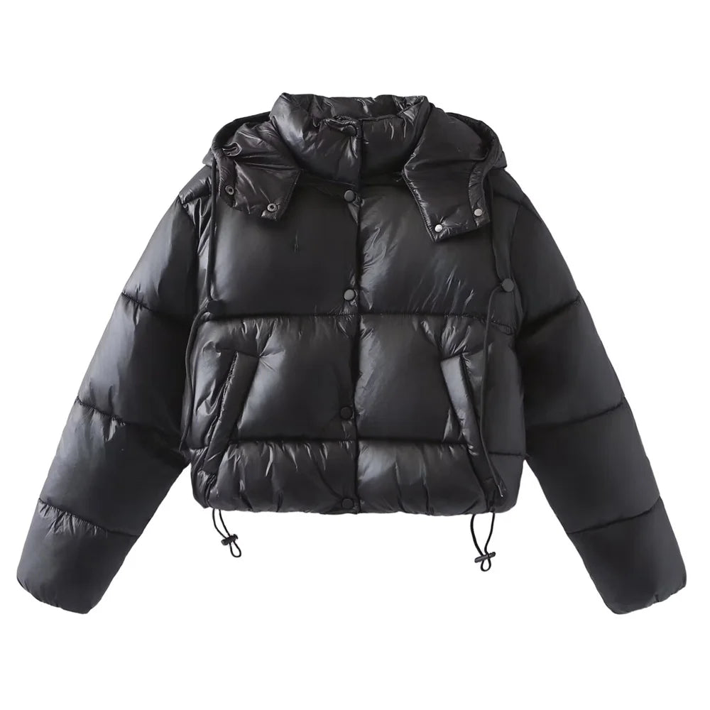 Autumn/Winter New Product Women's Standing Neck Hooded Long Sleeve Side Pocket Short Cotton Coat Jacket 2