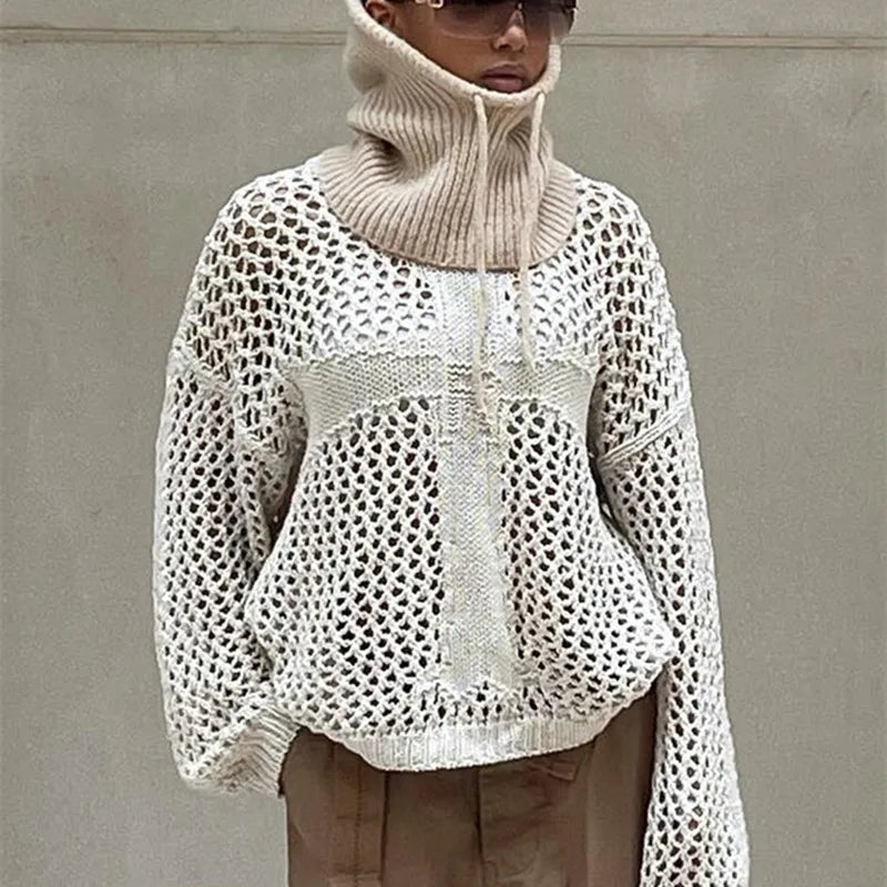 Round neck cross hollow long-sleeved blouse loose summer see-through retro sexy top beach knitwear 3