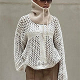 Round neck cross hollow long-sleeved blouse loose summer see-through retro sexy top beach knitwear 3