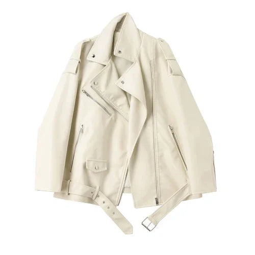 FTLZZ Spring Autumn Faux Leather Jackets Women Loose Casual Coat Female Drop-shoulder Motorcycles Locomotive Outwear With Belt 7