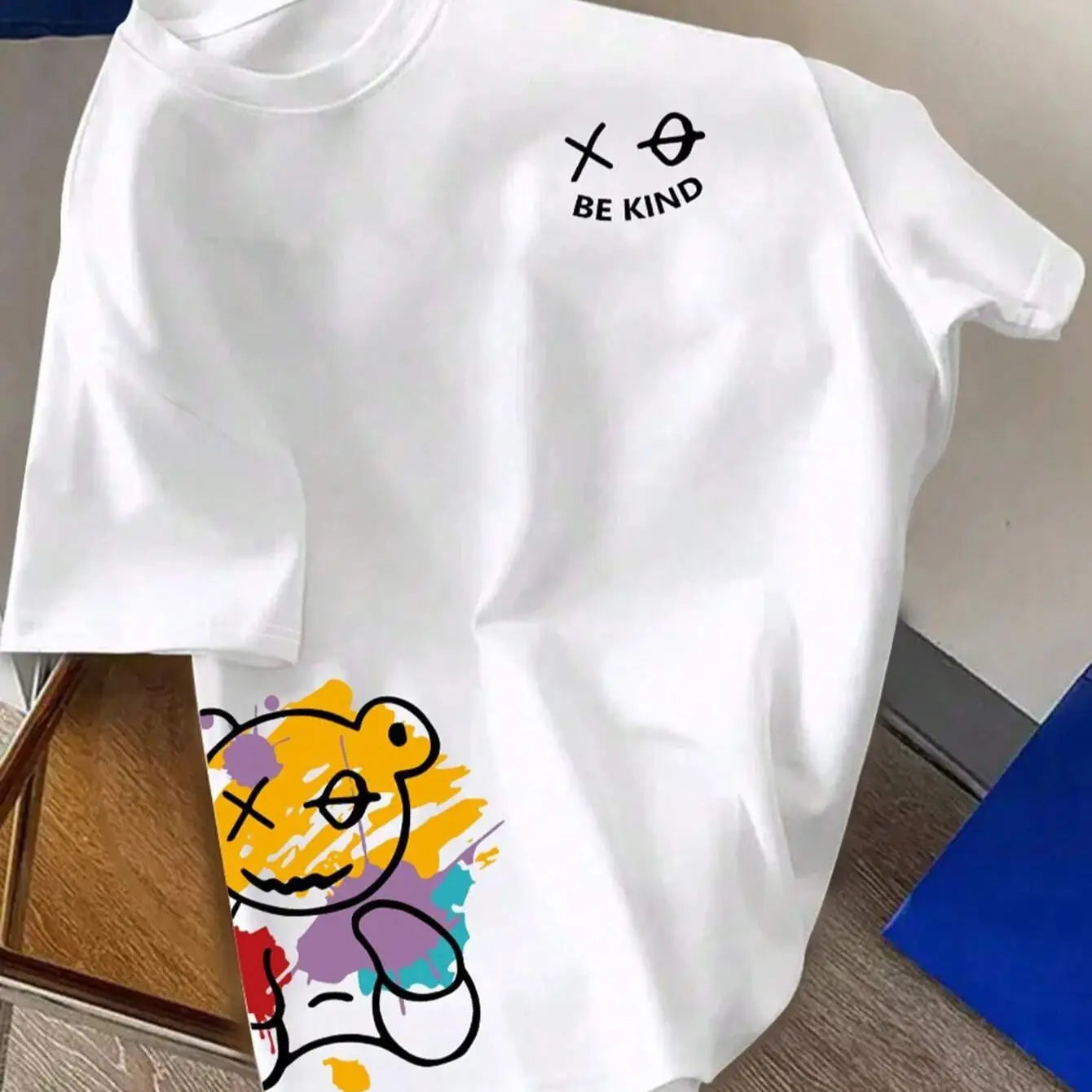 Casual Men's "Be Kind" Cartoon Print T-Shirt - Loose Fit Cotton