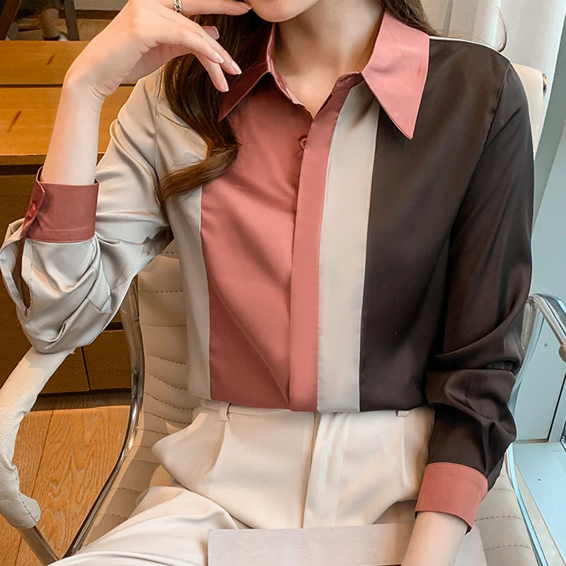 Fashion Elegant Long Sleeve Office Shirt Spring Vintage Stripe Satin Women Blouse 2025 Autumn Button Casual Loose Tops Clothing
