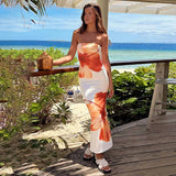 Women 2025 New Flower Printed Tubeless Dress Casual Vacation Off Shoulder Slim Beach Floor Length Long Dress