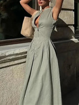 MUJER Zipper Long Dress Woman Pleated Sleeveless Bodycon Dress Summer Elegant Party Dresses For Women 2025 New Midi Dresses 5