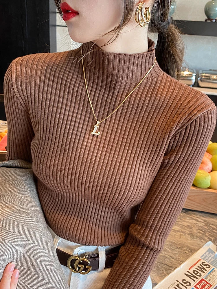 Elegant Solid Basic Knitted Tops Women Turtlneck Sweater Long Sleeve Casual Slim Pullover Korean Fashion Simple Chic Clothes 1