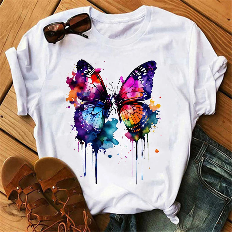 Women's Butterfly Tree Print Harajuku T-Shirt Round Neck Top Short Sleeve Casual Summer Tee Shirt 2