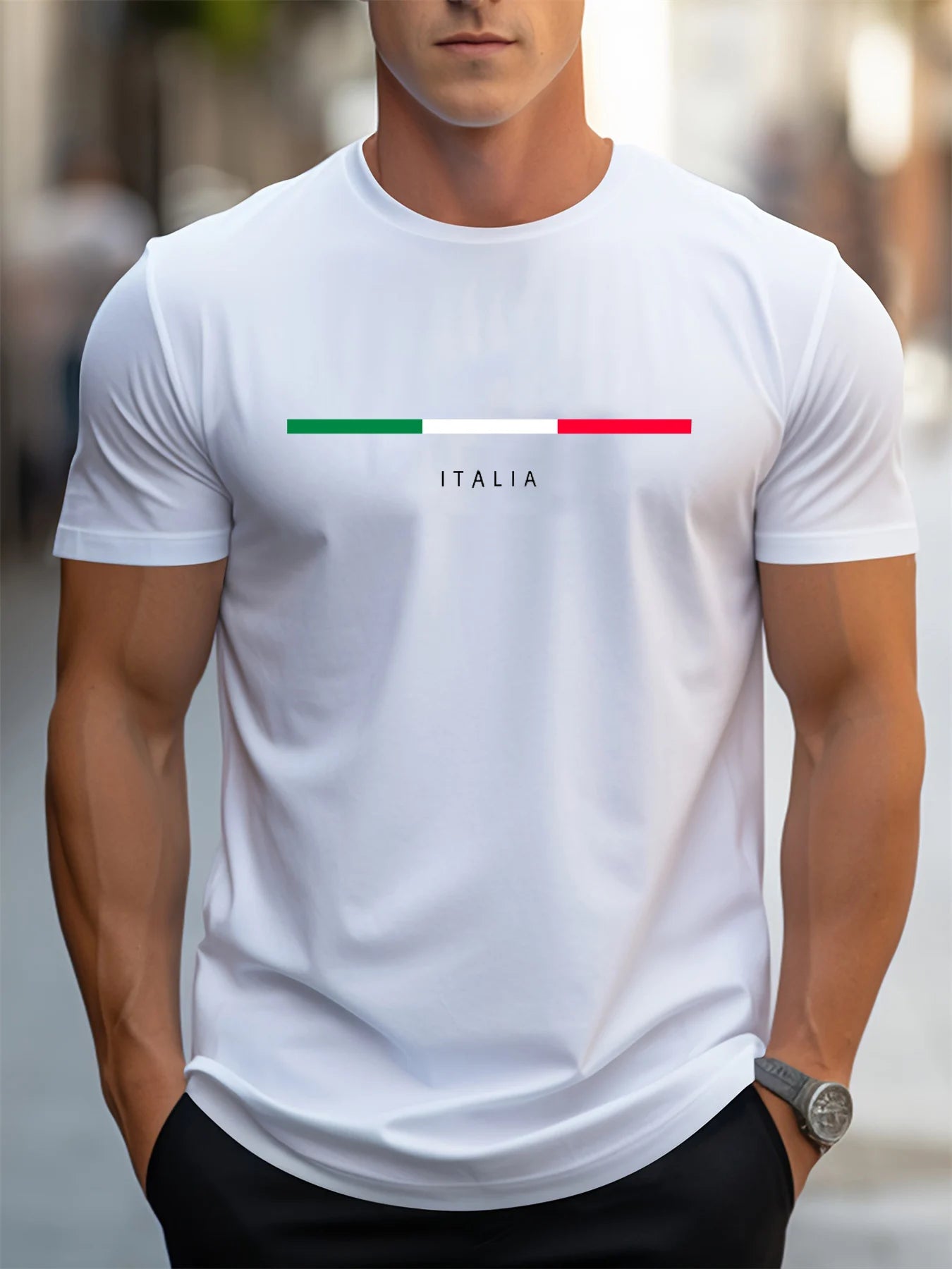 Men's summer 100 cotton fashionable casual loose plus size ITALIA pattern printed sports round neck short sleeved T-shirt top 5
