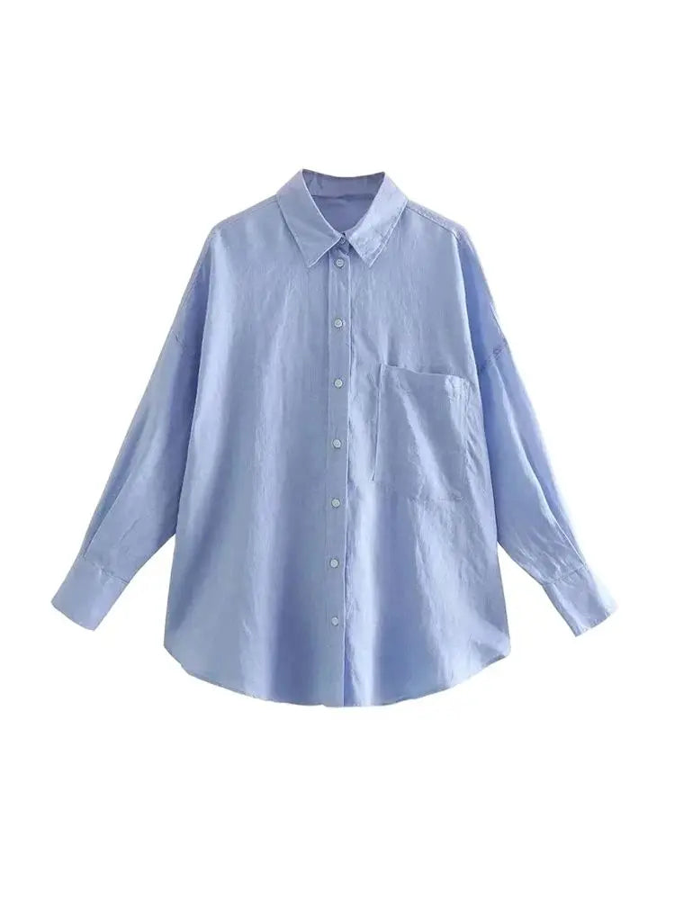 Women Fashion With Pocket Oversized Shirts Vintage Long Sleeve Button-up Female Blouses Blusas Chic Tops 4
