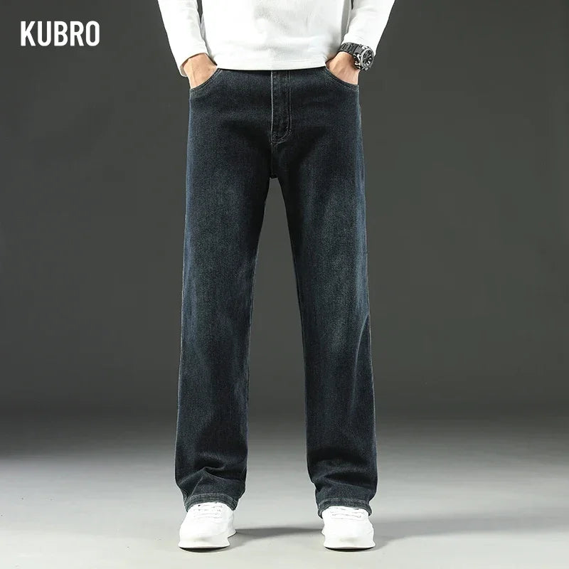 KUBRO 2025 New Autumn and Winter Men's Jeans Loose Comfortable Straight Business Casual Versatile Wide-leg Business Trousers 4