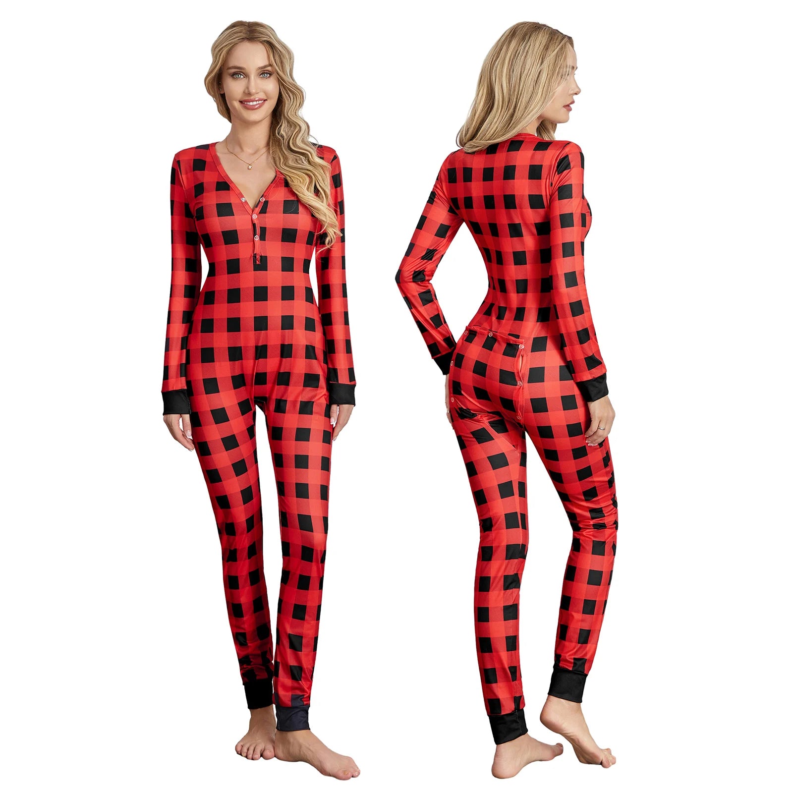 Women-Buttoned-Flap-Jumpsuits-Sleepwear-Cow-Printed-Long-Sleeve-V-Neck-Bodycon-Romper-Spring-Fall-Loungewear
