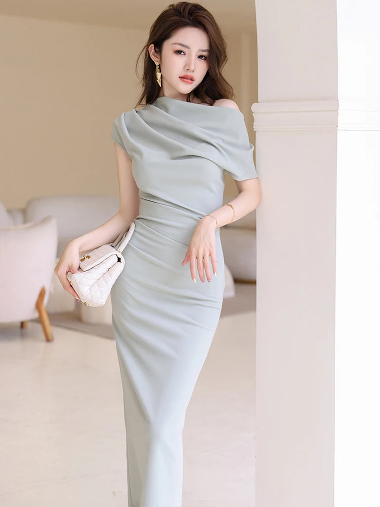 New Summer Elegant Women Evening Dress Chic Solid Sexy Diagonal Collar Folds Slim Midi Party Club Prom Robe Femme Mujer Vestidos 3