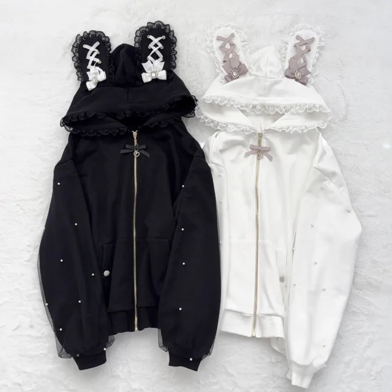 Bunny Hoodie Hoodies Y2K Rabbit Ear Hoodie Lolita Jacket Bow Girls Pearl JK Japan Lace Kawaii Zipper Cardigan Long Sleeved Top 2