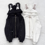 Bunny Hoodie Hoodies Y2K Rabbit Ear Hoodie Lolita Jacket Bow Girls Pearl JK Japan Lace Kawaii Zipper Cardigan Long Sleeved Top 2