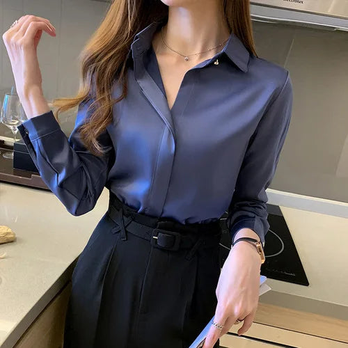 Satin Women's Shirt Long Sleeve Fashion Woman Blouse 2023 Solid Top Female Shirts and Blouse Basic Ladies Tops OL Women Clothing 9