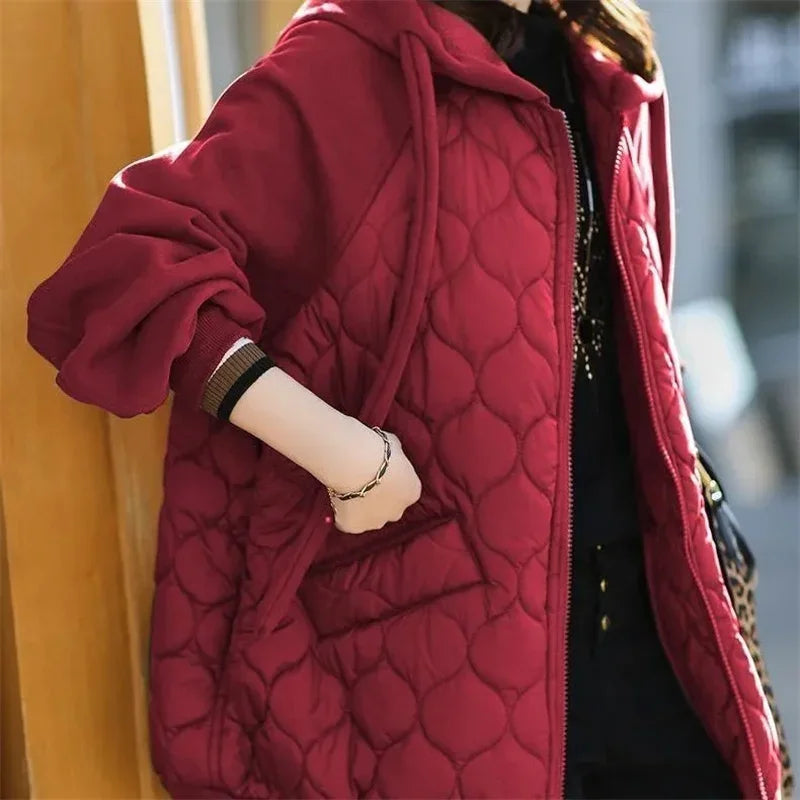 Light Down Cotton Solid Women Cotton Clothes 2025 Winter New Version Temperament  Jacket Hooded Loose Women Tops 4