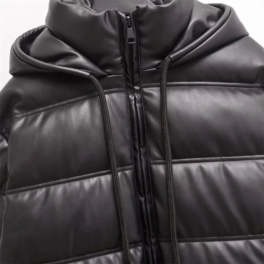 Zach Ailsa women's simple faux leather hooded warm thick cotton clothing autumn and winter new long sleeved jacket jacket 3