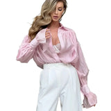 Bornladies Autumn Women's Fashionable Loose Collared Shirt Office Lady Solid Color Versatile Flare sleeve Top Long Sleeved Shirt 6