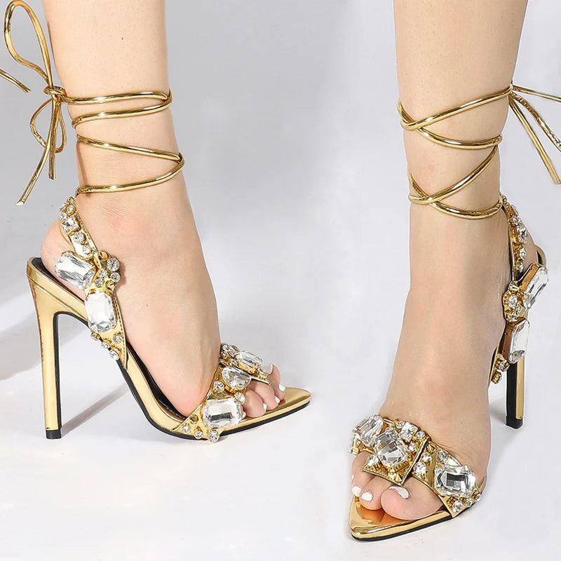 Glamorous Gold Ankle Strap Sandals for Women | Crystal Embellished Party Heels