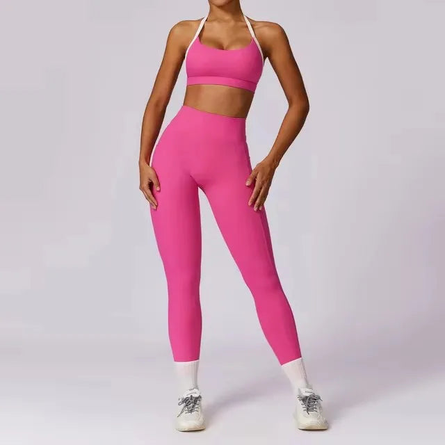 2Pcs Women Gym Set: Running Leggings & Sports Bra with Short Sleeve Top
