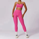 2Pcs Women Gym Set: Running Leggings & Sports Bra with Short Sleeve Top