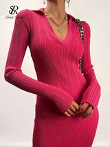 SINGREINY Women Korean Knitted Dress Long Sleeve V Neck Elastic Slim Pencil Dresses 2021 Autumn Sexy Bodycon Split Sweater Dress 2