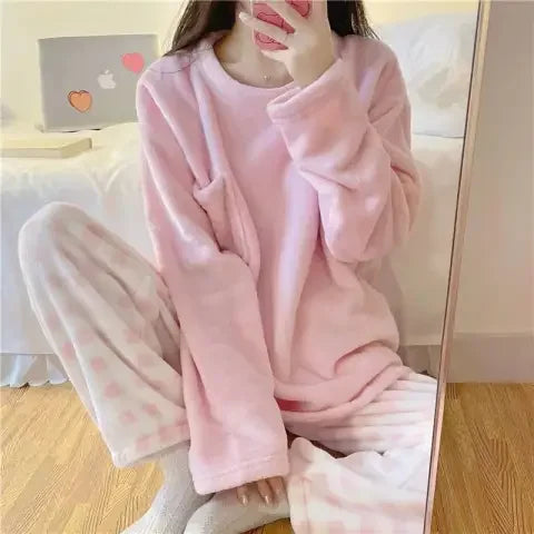 Autumn Winter New Warm Flannel Women's Pajamas Set Long-sleeved Trousers Two-piece Set Cute Soft Home Wear Clothes for Women 8