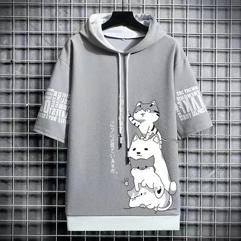 Japan Fashion Men's Hoodies Summer Men Clothing Cartoon Casual Harajuku Streetwear Print Hooded Top Short Sleeve Sweatshirts Men 3