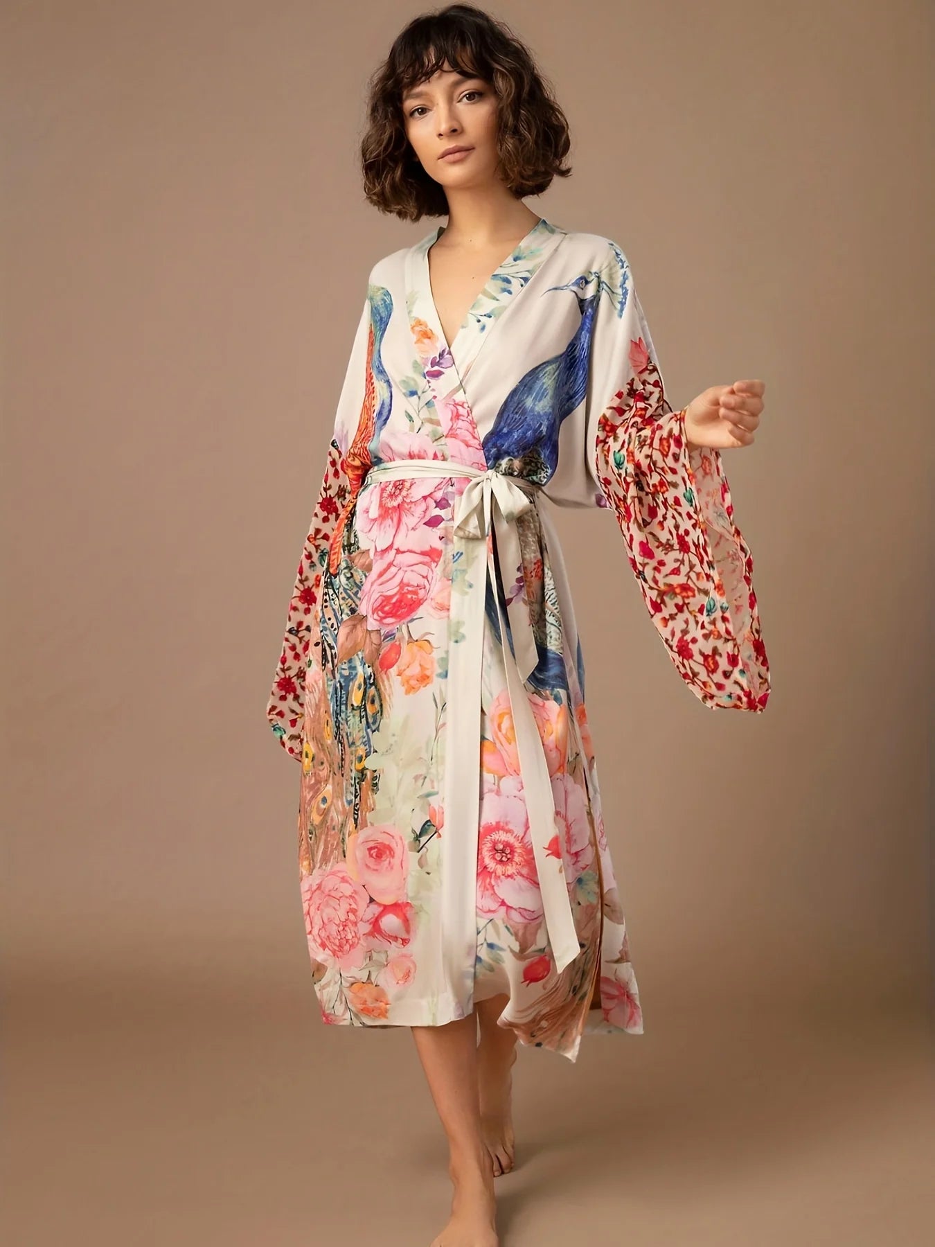 Beach Kimono Cover Up | Peacock Print Wrap Dress | Swimsuit Cover Up | Beachwear