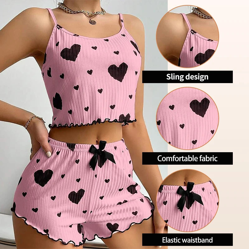 Love Printing Pajamas Set Sleepwear 2 PCS Short Tank Tops And Shorts 3