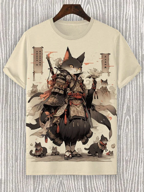 3D Printed Samurai Cat T-Shirt | Japanese Inspired Men's Tee