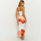 Women 2025 New Flower Printed Tubeless Dress Casual Vacation Off Shoulder Slim Beach Floor Length Long Dress 4