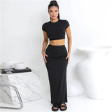 Slim Crop Top Tees Long Skirts Two Piece Set For Women 2024 Summer Short Open Navel Tshirt High Waist Wrapped Skirt Casual Set 4