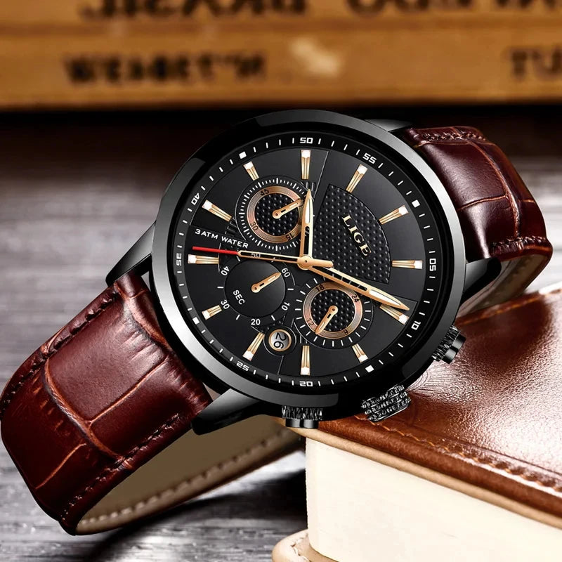 LIGE Mens Watches Luxury Waterproof Military Sport Man Watch Chronograph Genuine Leather Men Quartz Wristwatch Relogio Masculino 2