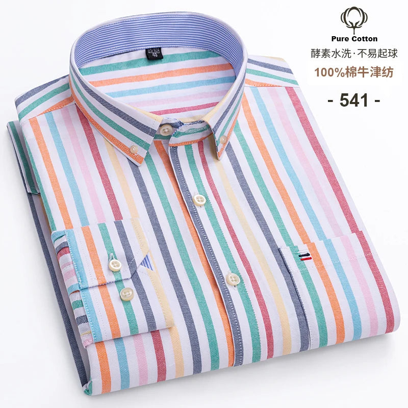 100-Cotton-Oxford-Men-s-Shirts-Long-Sleeves-Plaid-Soft-Regular-Fit-Formal-Dress-Shirt-Pocket