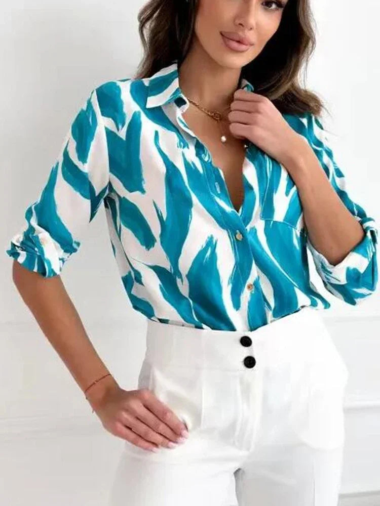 Women's S-2XL size Fashion Commuter Temperament Elegant Flower Print Long Sleeve Blouse Shirt Collar Commuter 5