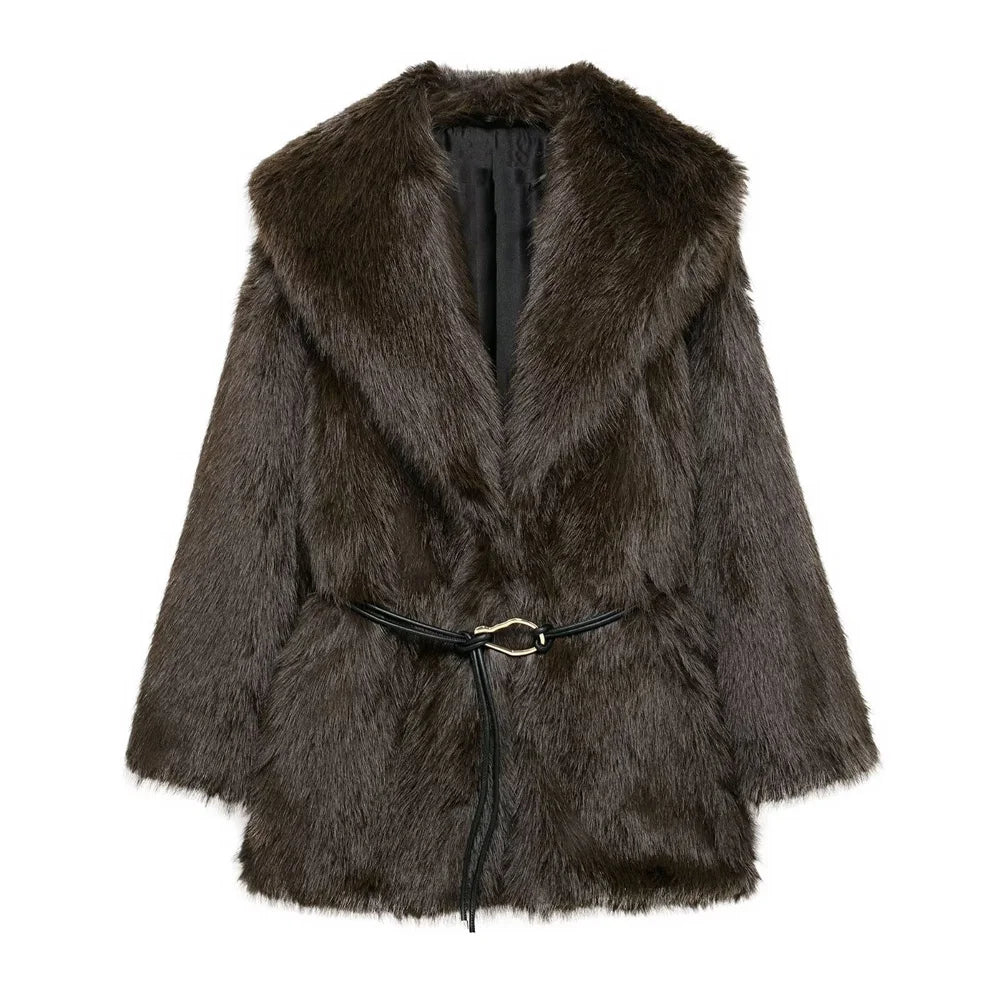 Women's Belt Decoration Collar Solid Color Medium Long Coat Autumn/Winter New Long Sleeve Loose Coat 4