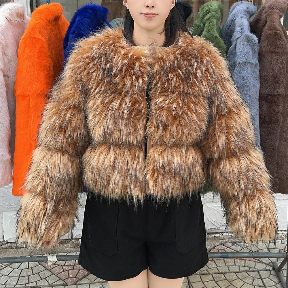 Faux Fur Coat Women's Jacket Winter Fashion Warm Thick Fox Raccoon Leather Brown Plus Size Especially Fake Fur Cold Coat 6