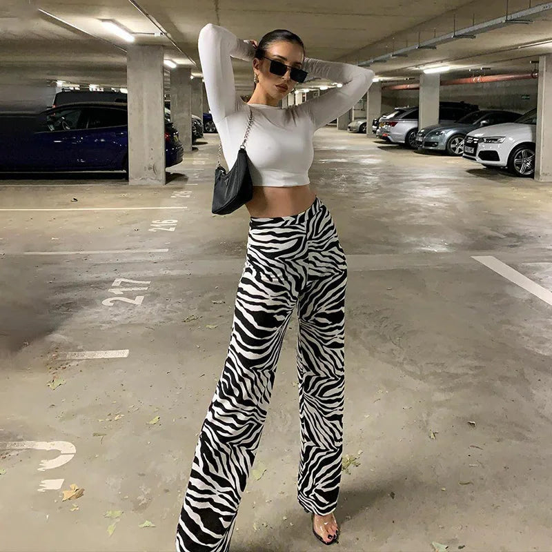 2024 Summer Zebra Print Wide Leg Pants Y2K Trousers Sexy High Waist Women New Fashion Casual Female Stripe Streetwear 16395 4