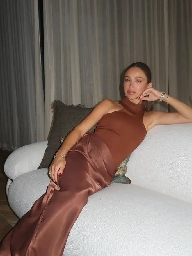 Elegant Sleeveless Satin Patchwork Hollow Out Long Dress