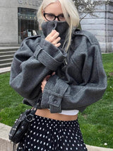 FSMG Vintage Loose Stand Collar woolen coat For Women Casual Solid Full Sleeve warm Cropped Overcoat Fashion High Street Outwear 2