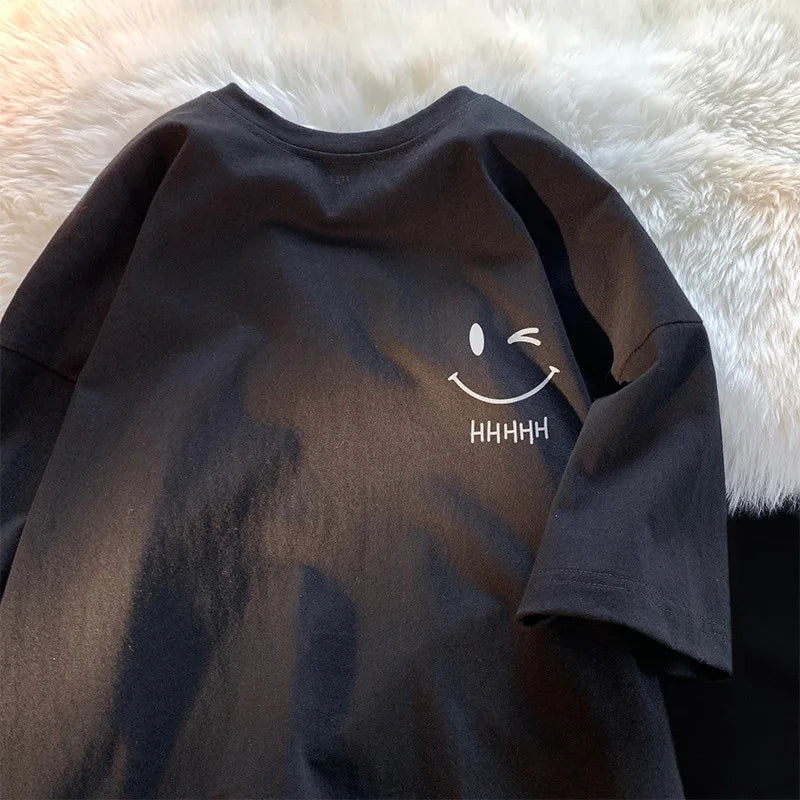 Men Women's Smiling Face Funny Fashion Couple Short Sleeved T-shirt American Basic Simple Oversized Loose Boys' Pullover Top 2