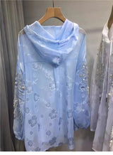New In Sparkle Pearls Diamonds Embroidery Hooded Shirts Blouses For Women's Long Sleeve  Loose Casual Sunscreen Tops Blusas 3
