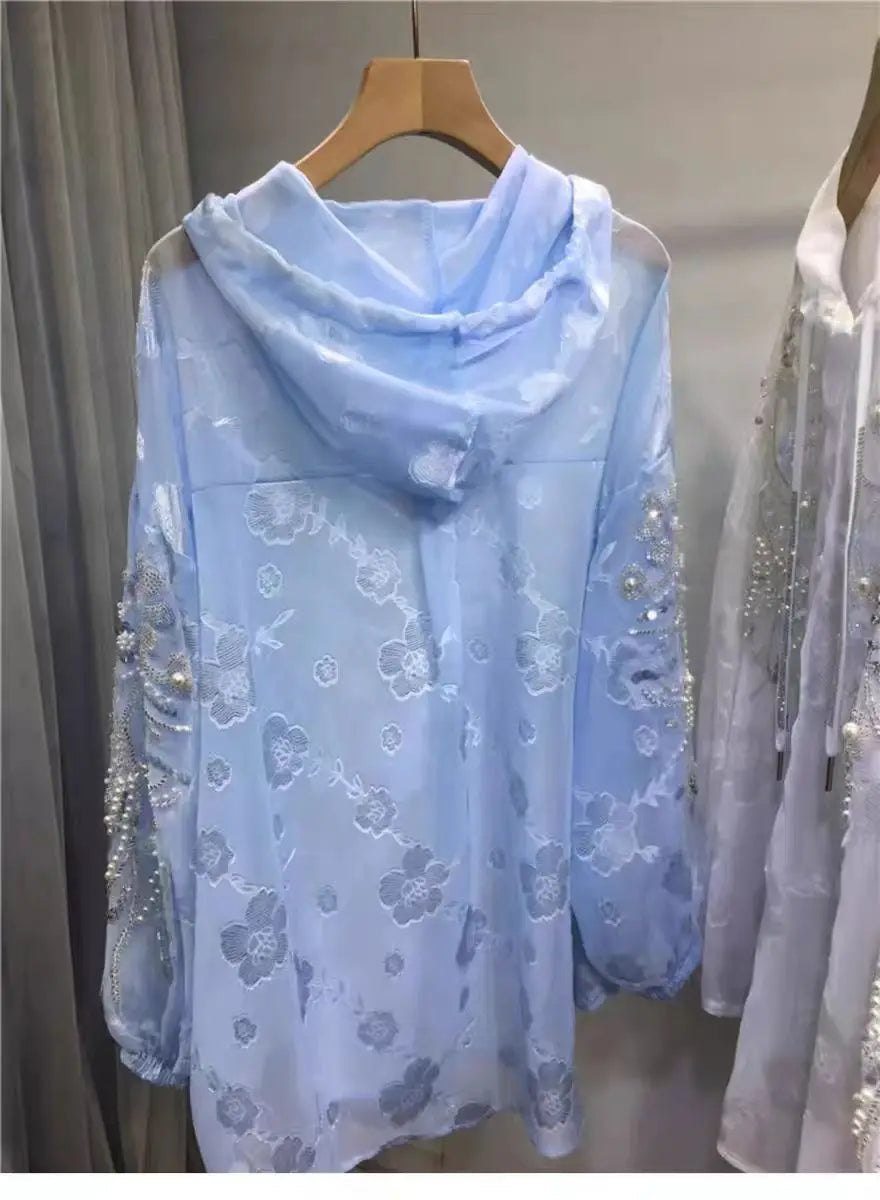 New In Sparkle Pearls Diamonds Embroidery Hooded Shirts Blouses For Women's Long Sleeve  Loose Casual Sunscreen Tops Blusas 3