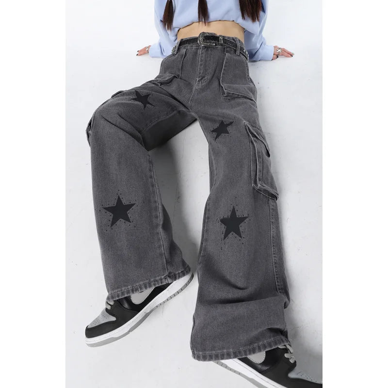 Vintage Grey High Waist Women Jeans Straight Baggy Denim Pants Stars American Fashion Streetwear Wide Leg Jean Female Trouser 3