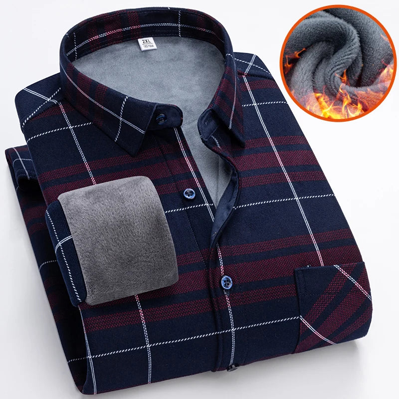 Men's Autumn Winter Thick Fleece Plaid Shirt - Warm Long Sleeve Business Casual 3