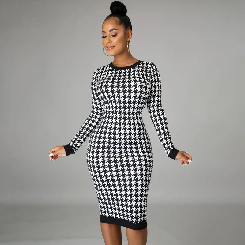 Elegant Slim Fit Houndstooth Midi Dress - Women's Long Sleeve Bodycon Streetwear for Club 3