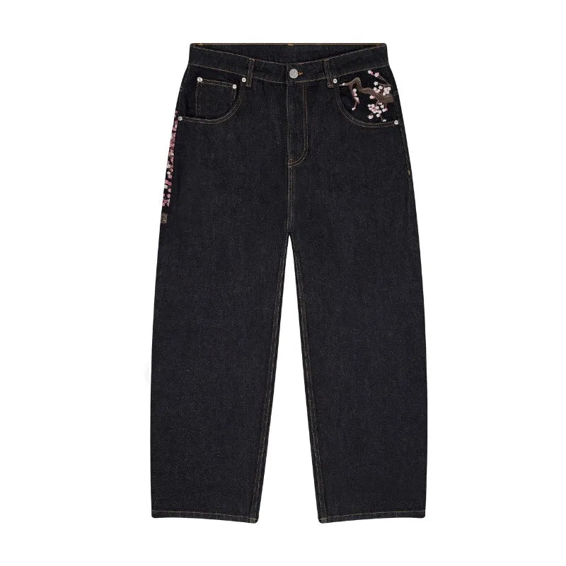 Y2K Harajuku jeans Goth vintage plum blossom embroidery pattern wide leg pants men women denim fabric American style street wear 2