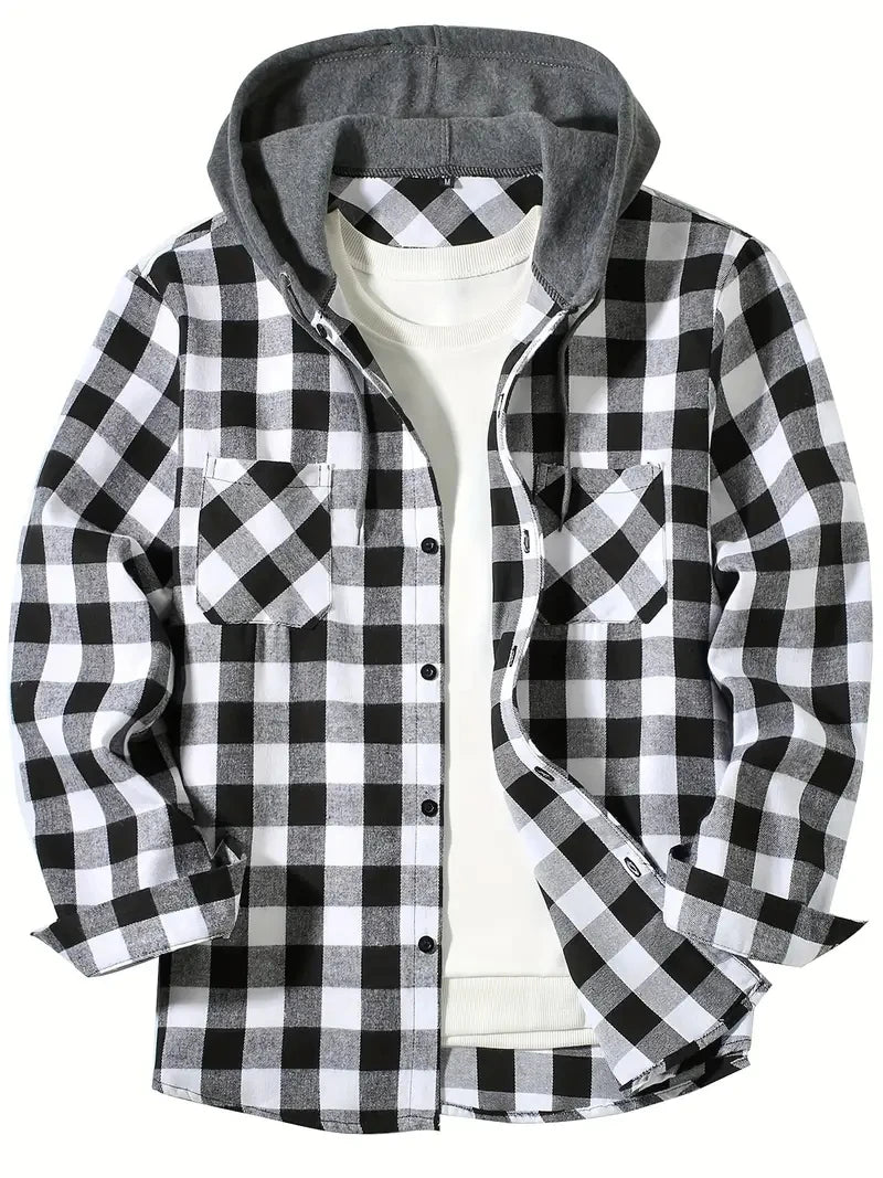 Youth Fashion Street Hooded Plaid Shirt Men's Slim Fit 5