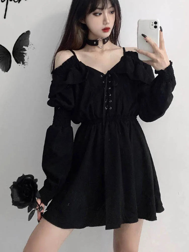 JMPRS Large Size Gothic Women Black Mini Dress Sexy Off Shoulder High Waist Tunic Ladies Party Dress Long Sleeve V Neck Vestidos 4